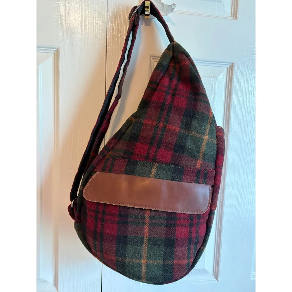 AmeriBag Healthy Back Bag Vintage 90s Wool Plaid Leather Trim Sling Backpack Red